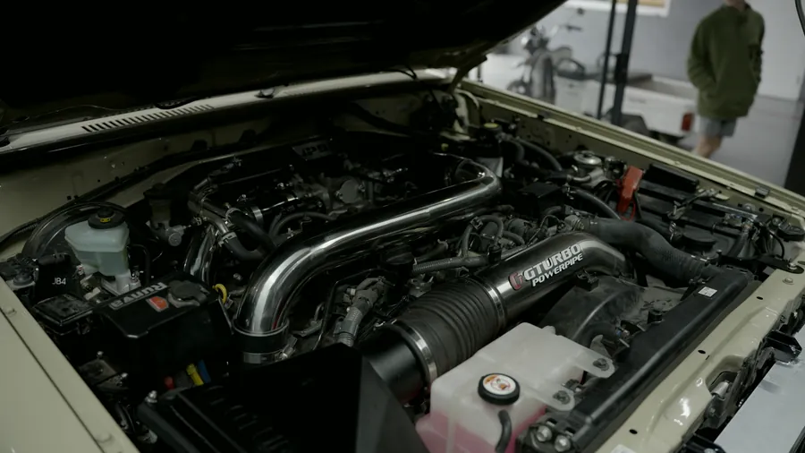 Land Cruiser V8 engine bay with intercooler piping fitted
